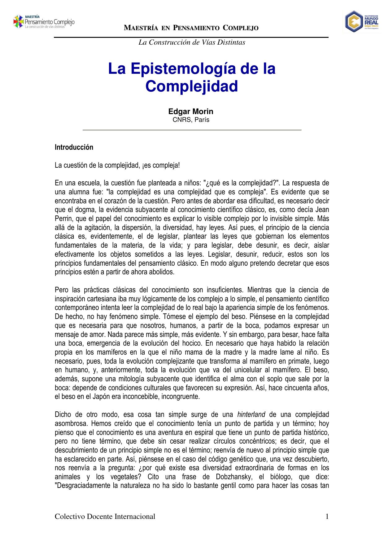 La Epistemología de la Complejidad